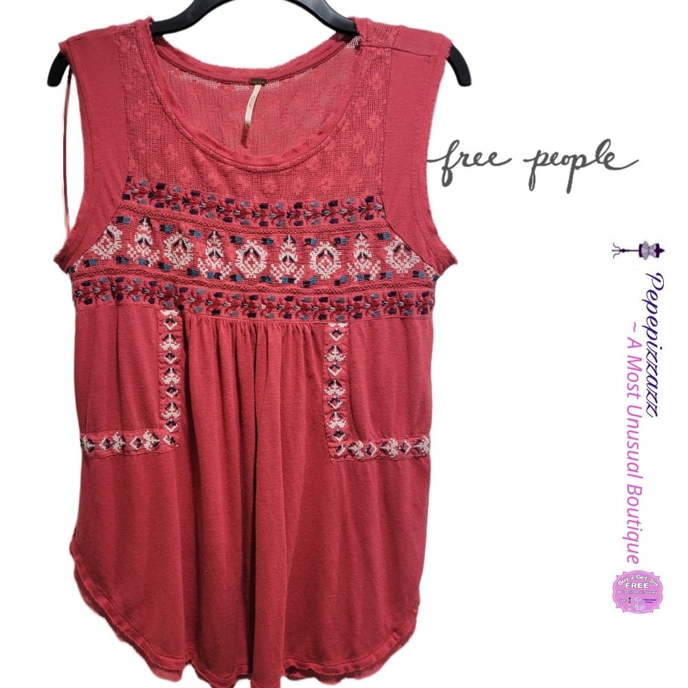 FREE PEOPLE embroidered sleeveless top lace embellishment Med - Picture 1 of 4